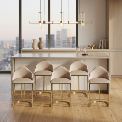 Mesa de comedor elegante, 6 sillas beige, silla de respaldo, muebles, tapizado para sillas.