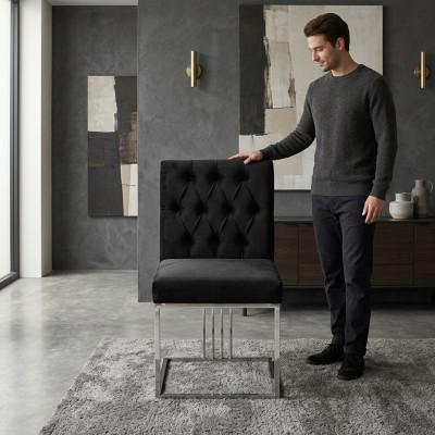 Sillón negro de diseñador para comedor, muebles de comedor, sillas de comedor, silla de acero inoxidable.