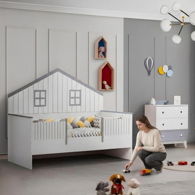 Habitación infantil moderna de 2 piezas conjunto de muebles colorido Cama para niños Cómoda
