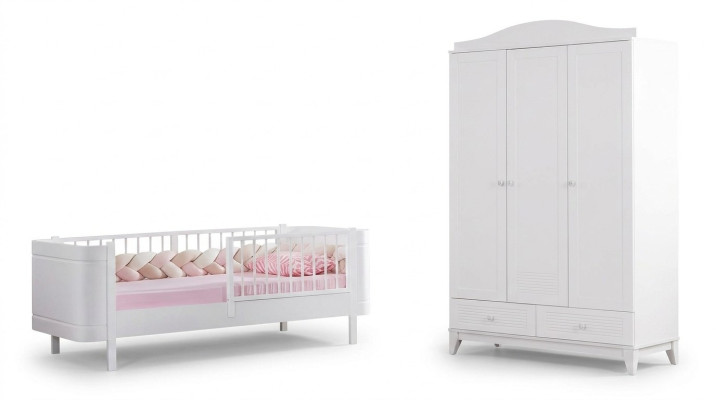 Sala juvenil moderna en blanco, conjunto de lujo para niños con cama y armario.