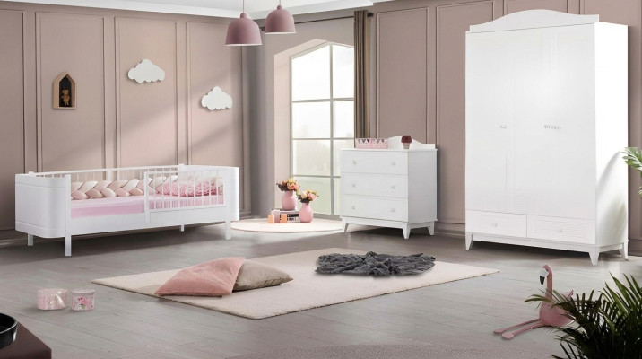 Habitación juvenil moderna infantil blanco conjunto de lujo cama armario cómoda.