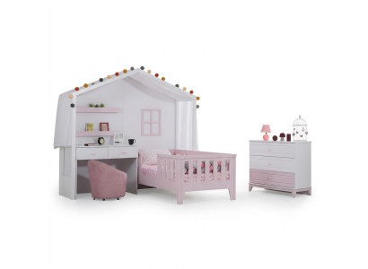 Conjunto completo de habitación infantil Cama infantil de diseñador con escritorio Blanco Cajonera