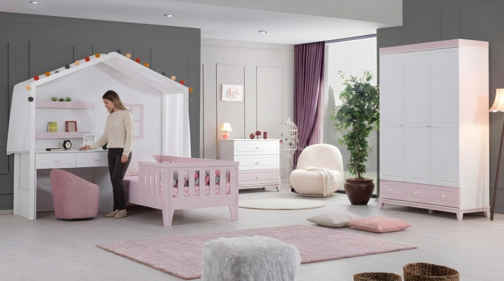 Conjunto de habitación infantil Cama infantil moderna con escritorio Cómoda Armario