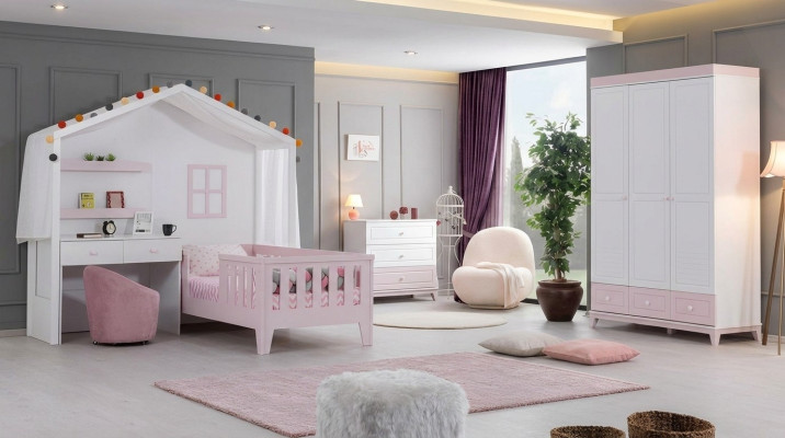 Conjunto de habitación infantil Cama infantil moderna con escritorio Cómoda Armario