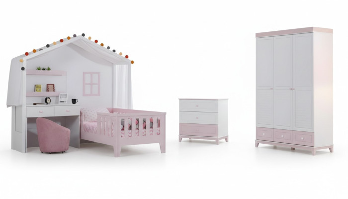 Conjunto de habitación infantil Cama infantil moderna con escritorio Cómoda Armario