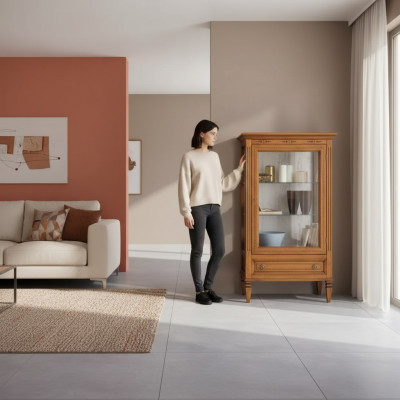 Mueble de salón nuevo de madera maciza con vitrina de cristal.