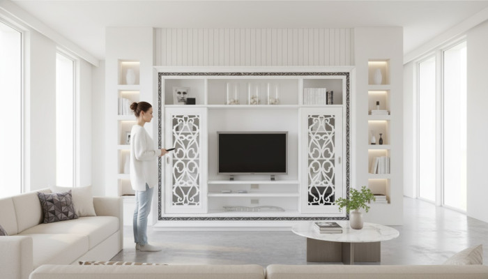 Mueble de salón de lujo, pared de armario, armario, muebles modernos, sala de estar, TV, madera.