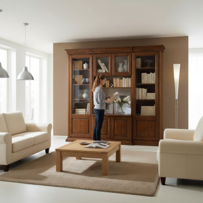 Mueble de televisión, pared de anaqueles, mueble de televisión, pared de estanterías de madera maciza, clásico.