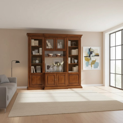 Mueble de televisión, pared de anaqueles, mueble de televisión, pared de estanterías de madera maciza, clásico.