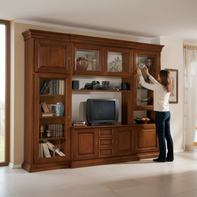 Muebles de sala de estar, pared de sala de estilo clásico italiano, muebles de madera nuevos.