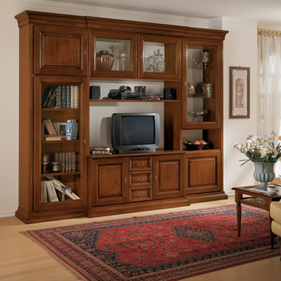Muebles de sala de estar, pared de sala de estilo clásico italiano, muebles de madera nuevos.