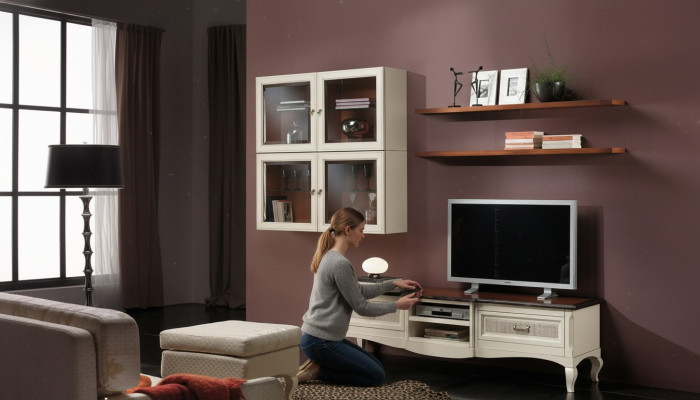 Mueble para TV, armarios de pared, sala de estar, muebles de madera, set de estantes de pared, 7 piezas.