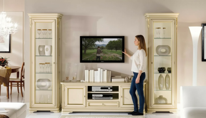 Mueble de salón italiano, conjunto de diseño de 3 piezas con 2 vitrinas y armario.