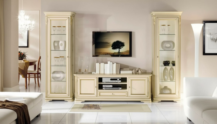 Mueble de salón italiano, conjunto de diseño de 3 piezas con 2 vitrinas y armario.
