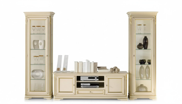 Mueble de salón italiano, conjunto de diseño de 3 piezas con 2 vitrinas y armario.