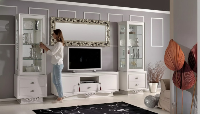 Soporte de TV Sala de estar italiana 2x Vitrina Aparador de TV de lujo blanco