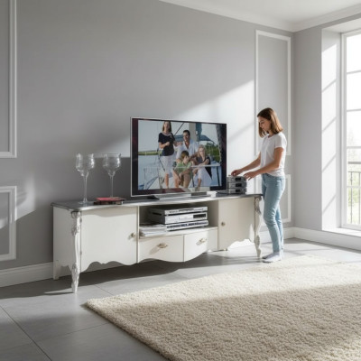 Soporte de TV RTV Lowboard Clásico Blanco Madera Moderno Sala de estar Nuevo