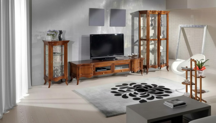 Set de salón de 3 piezas de estilo italiano con muebles clásicos en color marrón, que incluye 2 vitrinas.