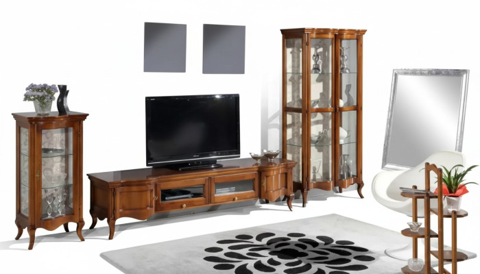 Set de salón de 3 piezas de estilo italiano con muebles clásicos en color marrón, que incluye 2 vitrinas.