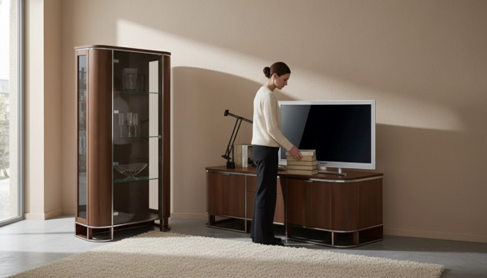 Soporte de TV para televisión en la pared, mueble de salón, mesa de TV marrón de alto brillo, vitrina.