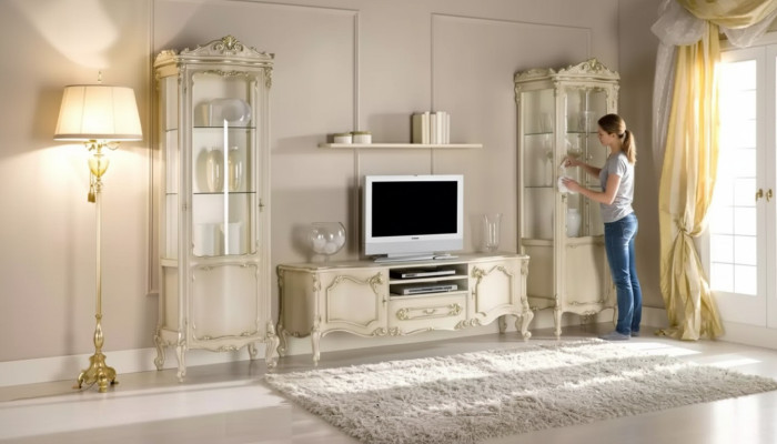 Sala de estar conjunto de mueble de pared grupo mueble bajo vitrina 4 piezas. Mueble de madera estante.