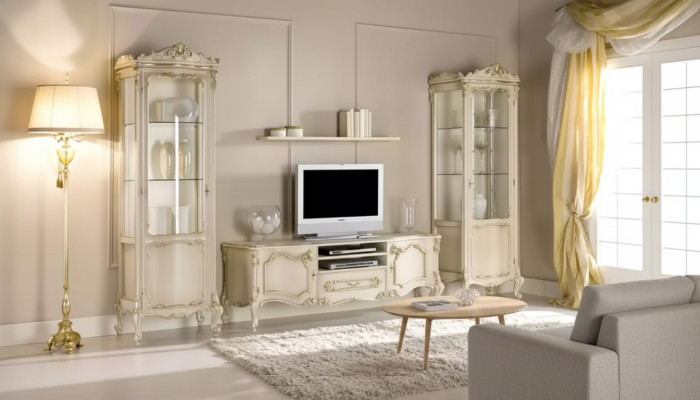 Sala de estar conjunto de mueble de pared grupo mueble bajo vitrina 4 piezas. Mueble de madera estante.