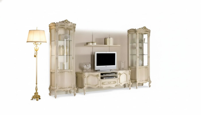 Sala de estar conjunto de mueble de pared grupo mueble bajo vitrina 4 piezas. Mueble de madera estante.