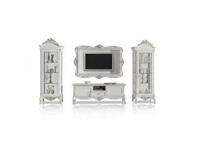 Mueble de salón bajo con 2 vitrinas y soporte para TV - Juego de 4 piezas estilo clásico blanco.