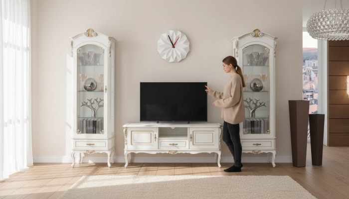 Set de salón de 3 piezas. Soporte de TV 2 vitrinas Estilo italiano Muebles blancos
