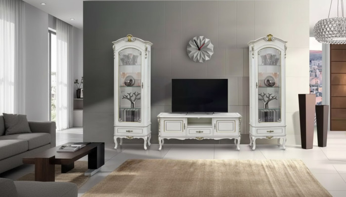 Set de salón de 3 piezas. Soporte de TV 2 vitrinas Estilo italiano Muebles blancos