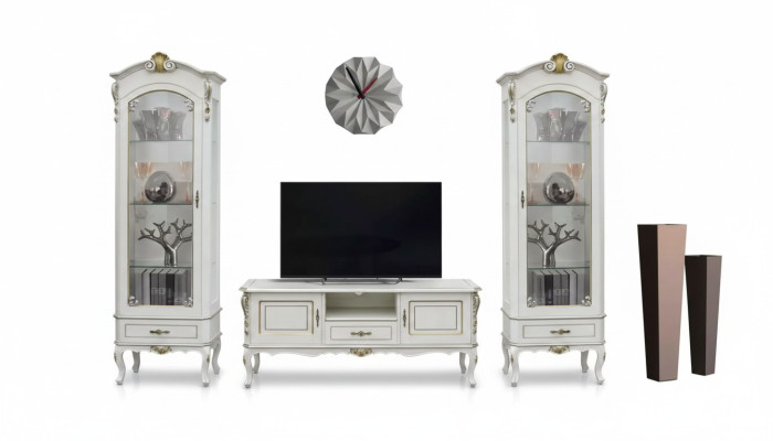 Set de salón de 3 piezas. Soporte de TV 2 vitrinas Estilo italiano Muebles blancos