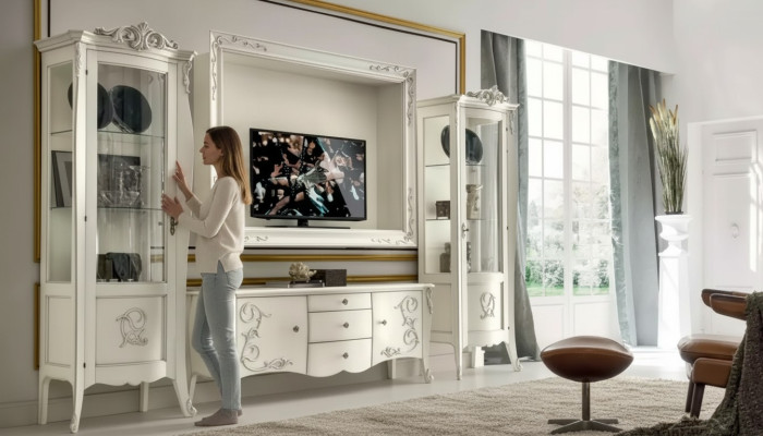 Estilo clásico blanco mueble de salón lowboard 2 vitrinas marco de tv grupo nuevo