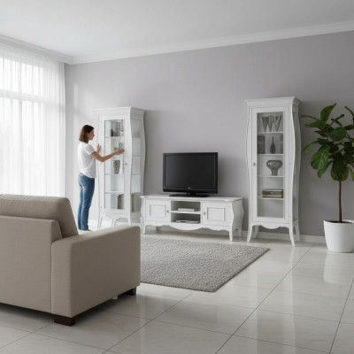 Mueble de TV con 2 vitrinas y estantería de lujo para sala de estar en blanco - pared de salón.