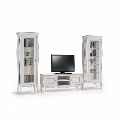 Mueble de TV con 2 vitrinas y estantería de lujo para sala de estar en blanco - pared de salón.