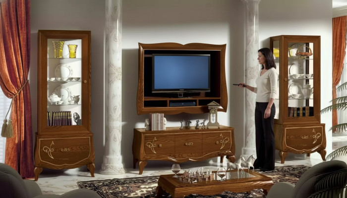 Mueble para TV RTV Lowboard Marco de TV 2x Vitrina Marrón Juego de salón 4 piezas