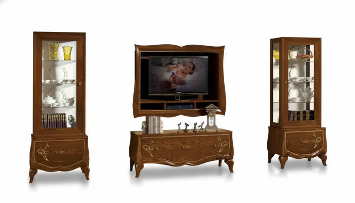 Mueble para TV RTV Lowboard Marco de TV 2x Vitrina Marrón Juego de salón 4 piezas