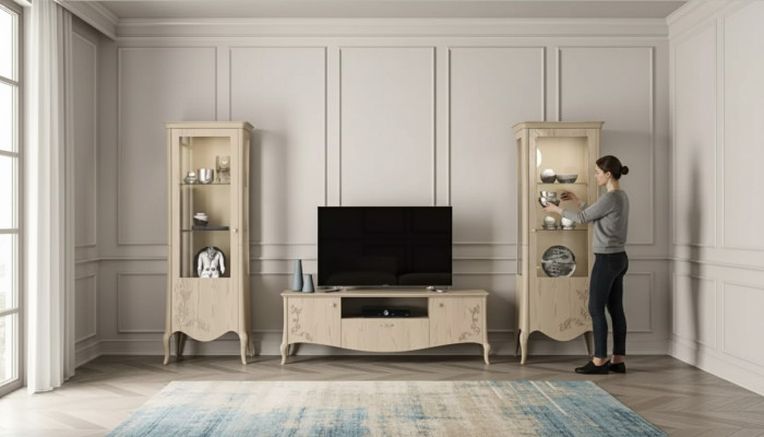 Sala de estar rtv vitrina aparador estante lujo sala de estar beige conjunto 3 piezas.