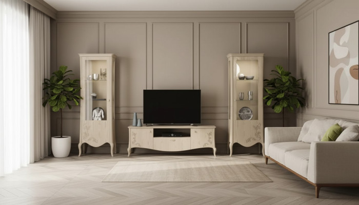 Sala de estar rtv vitrina aparador estante lujo sala de estar beige conjunto 3 piezas.