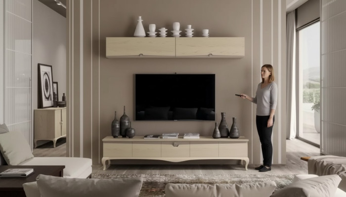 Soporte de TV Estante de pared Mesa de madera Estantería de pared Beige Diseño clásico Nuevo