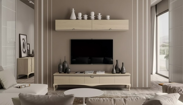 Soporte de TV Estante de pared Mesa de madera Estantería de pared Beige Diseño clásico Nuevo