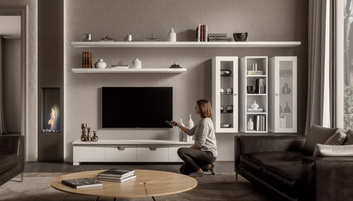 Lowboard para sala de estar Conjunto de muebles para salón de madera Diseño moderno blanco 6 piezas.
