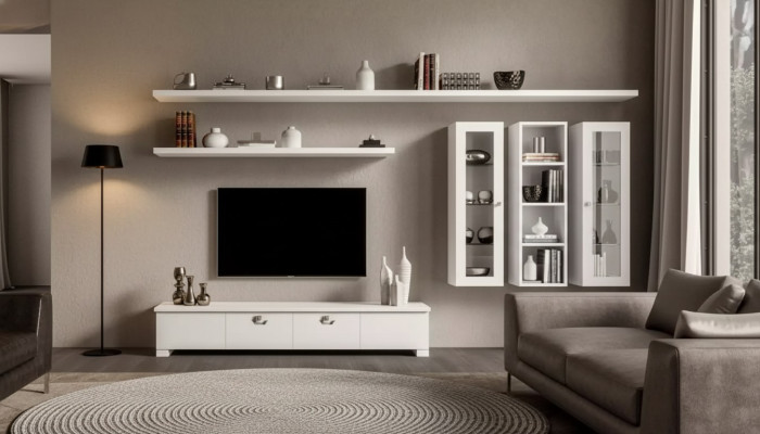 Lowboard para sala de estar Conjunto de muebles para salón de madera Diseño moderno blanco 6 piezas.