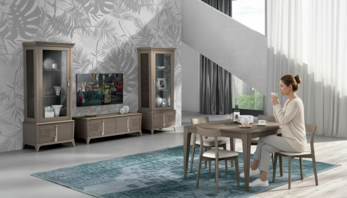 Mueble de salón clásico con soporte de TV, vitrina y aparador en gris, 3 piezas.