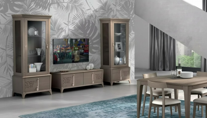 Mueble de salón clásico con soporte de TV, vitrina y aparador en gris, 3 piezas.