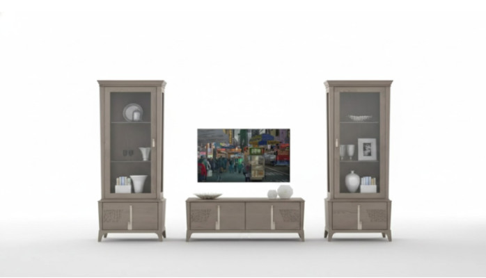 Mueble de salón clásico con soporte de TV, vitrina y aparador en gris, 3 piezas.