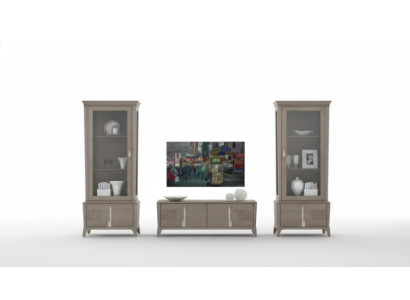 Mueble de salón clásico con soporte de TV, vitrina y aparador en gris, 3 piezas.