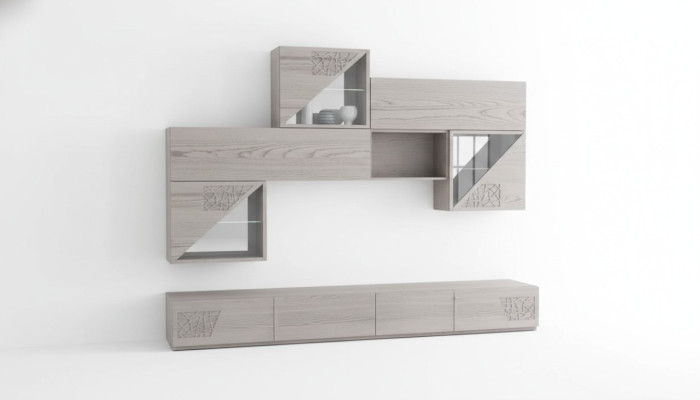 Muebles de pared, estantería, mueble de salón, tablero bajo, estantes de madera, diseño de armarios.