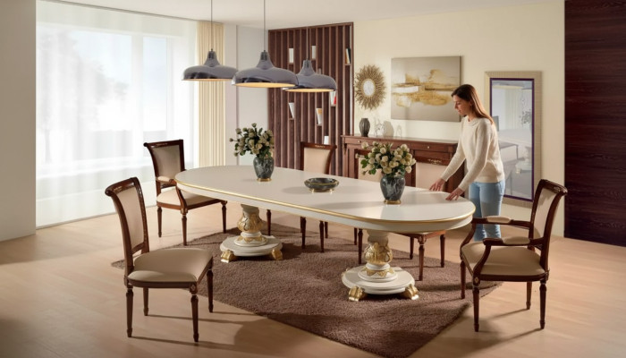 Mesa de comedor de lujo ovalada blanca de madera italiana estilo Art déco nueva.