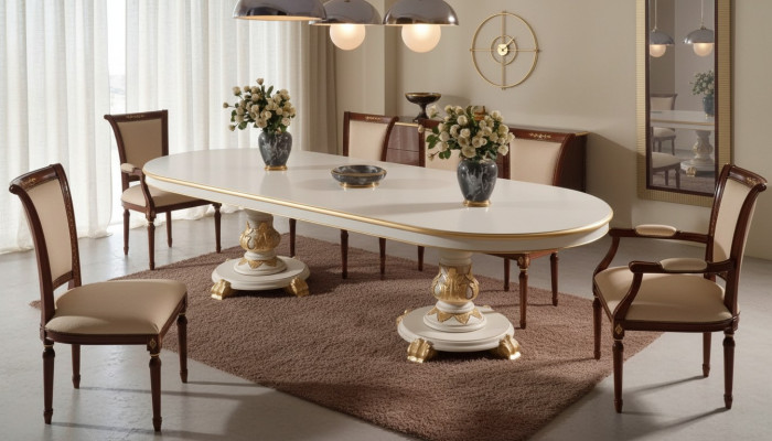 Mesa de comedor de lujo ovalada blanca de madera italiana estilo Art déco nueva.