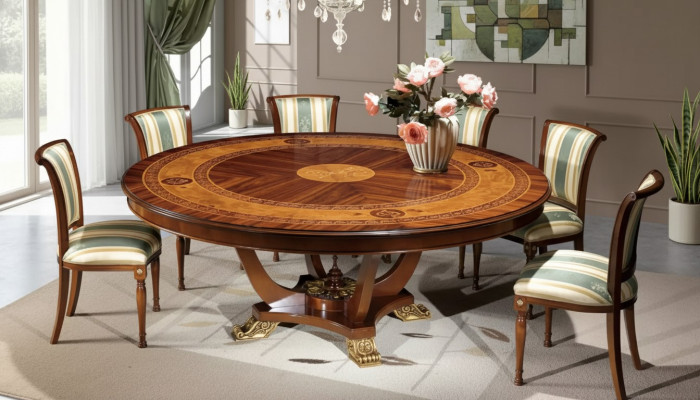 Mesa redonda de madera de estilo clásico para el comedor o la sala de estar en color marrón, nueva.